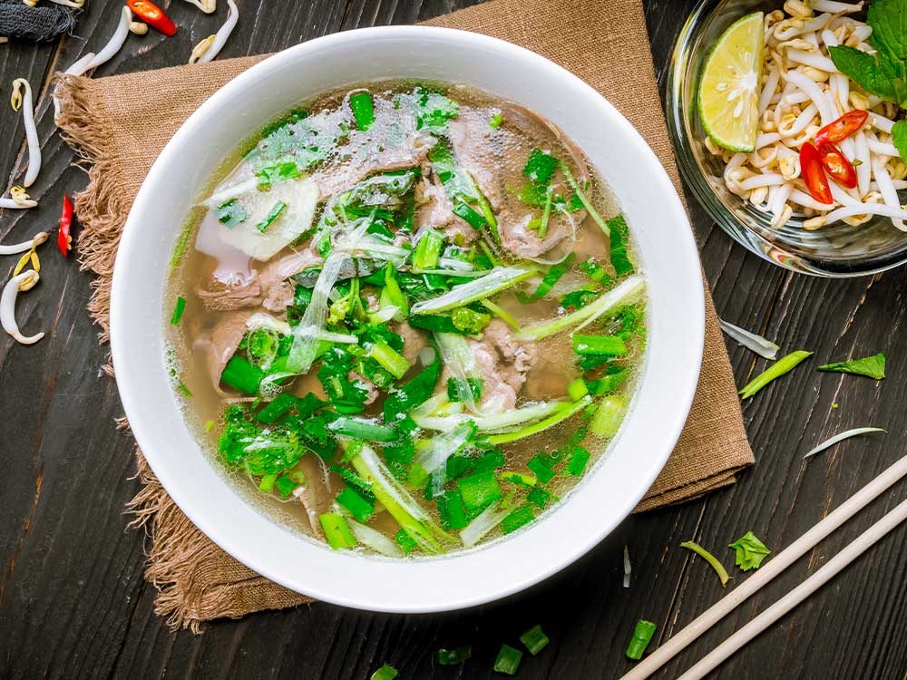 Bowl of hot, asian-inspired soup